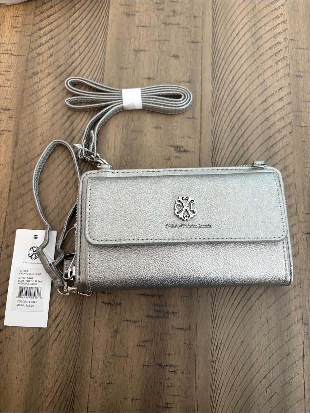 640 Christian Lacroix Metallic Silver Crossbody Wallet